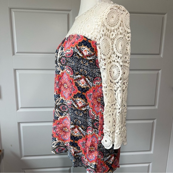 Lace Sleeve Tunic Top‎ Floral Print Bohemian Style Blouse - Picture 3 of 6